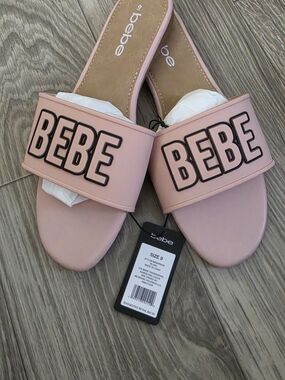bebe Blush Pink Slide Sandals with Logo Strap